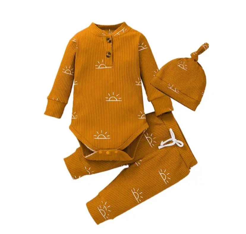 3PCS Baby Boy Clothes Set Spring Autumn Knitted V-neck Romper infant Pants Cap Newborn Outfit 20180077