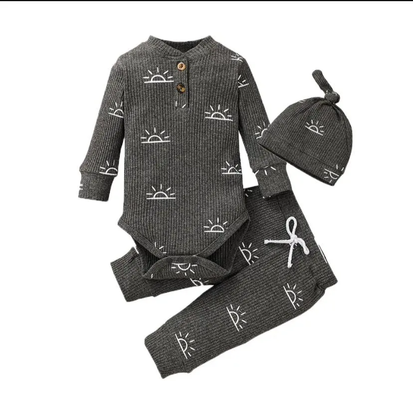 3PCS Baby Boy Clothes Set Spring Autumn Knitted V-neck Romper infant Pants Cap Newborn Outfit 20180077