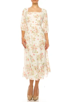 52Seven - Three Quarter Sleeve Floral Midi Dress