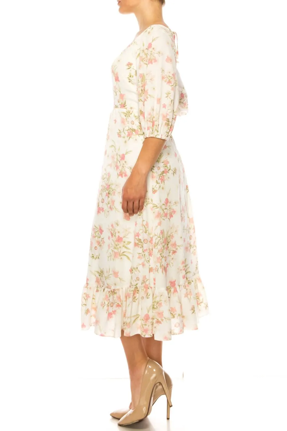 52Seven - Three Quarter Sleeve Floral Midi Dress