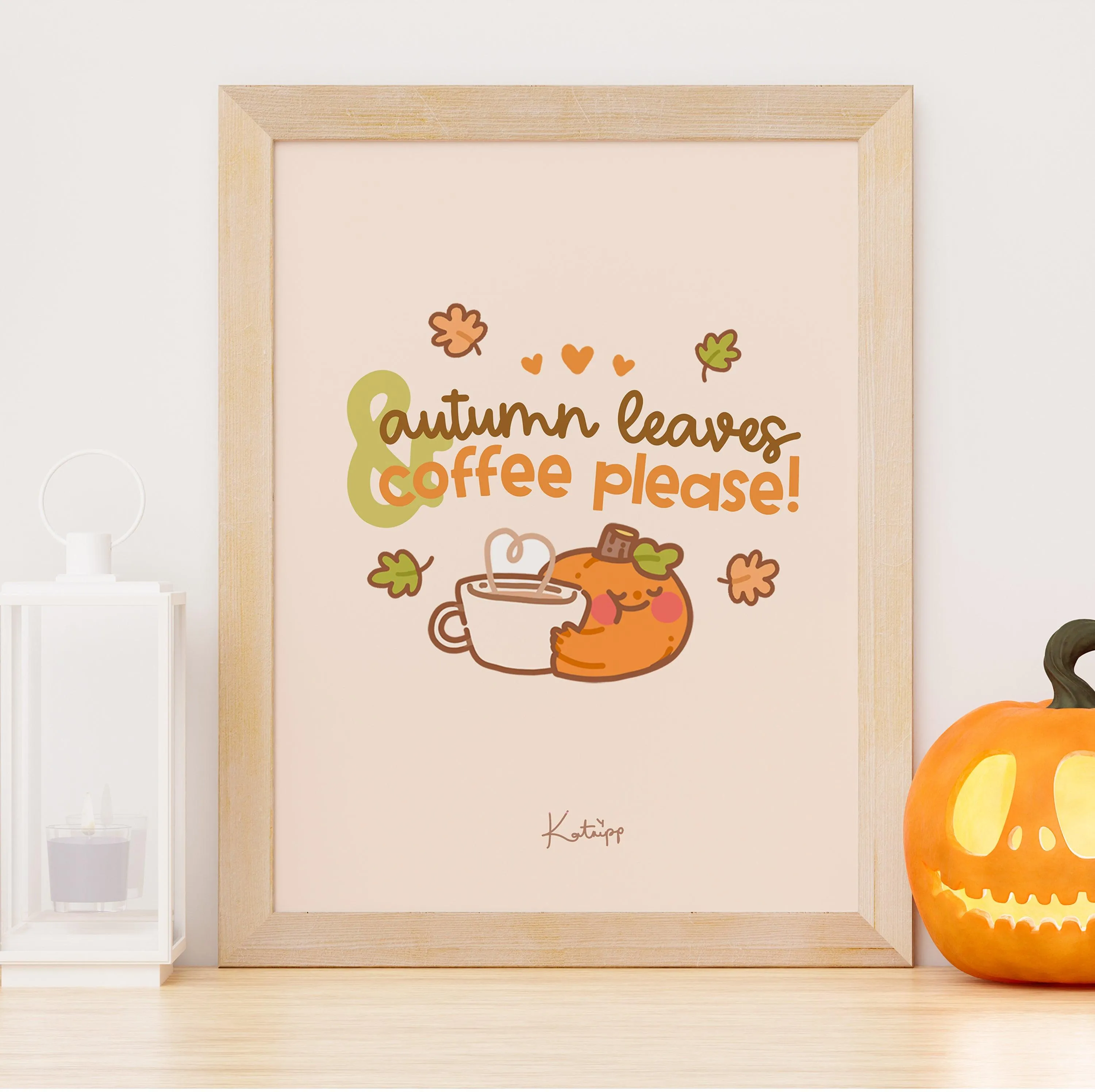 Autumn Leaves & Coffee Please Kawaii Art Print | Cozy Fall Wall Decor | Pumpkin Artwork