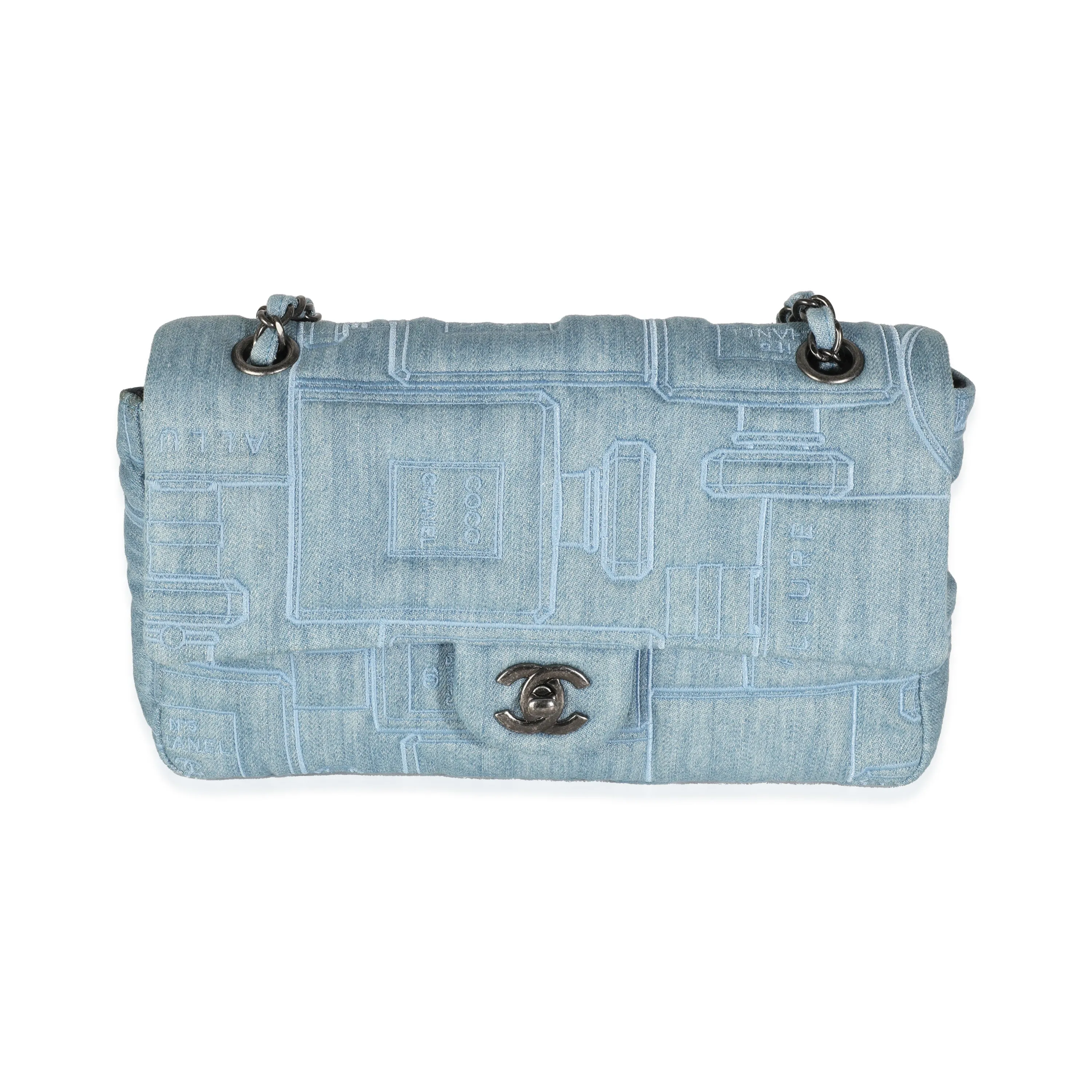 Blue Denim Embroidered Perfume Bottle Medium Single Flap Bag