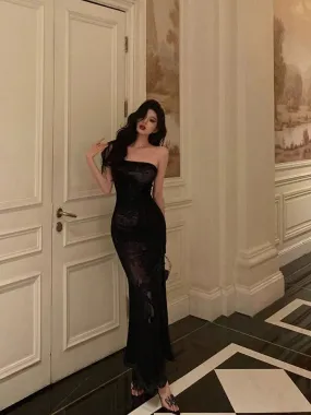 Classy Sheath Strapless Black Floral Prom Dresses Birthday Outfits Evening Gown , LTP3621