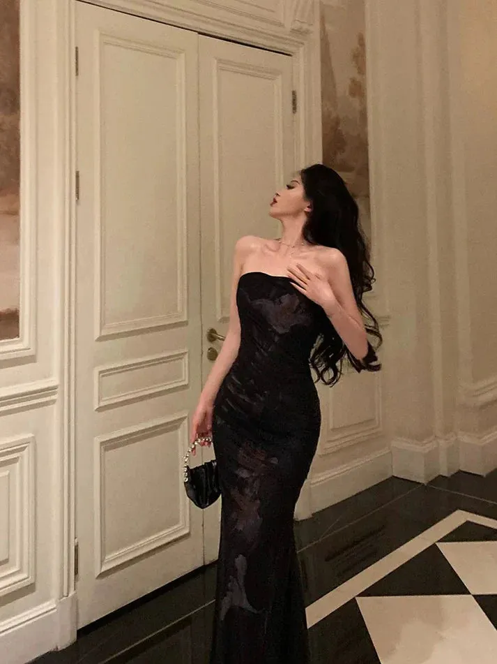 Classy Sheath Strapless Black Floral Prom Dresses Birthday Outfits Evening Gown , LTP3621