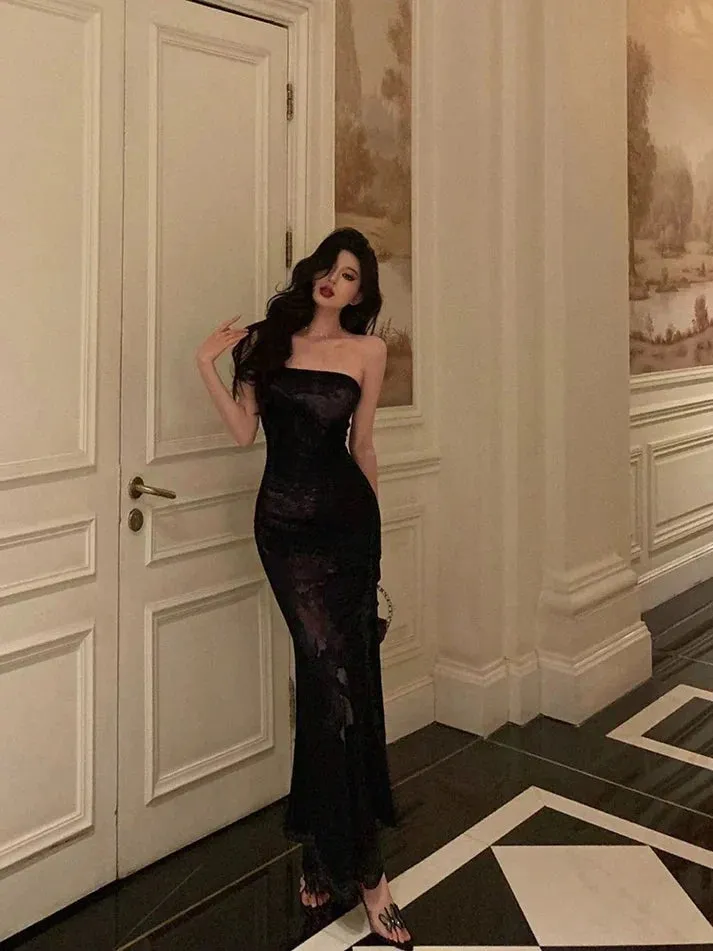 Classy Sheath Strapless Black Floral Prom Dresses Birthday Outfits Evening Gown , LTP3621