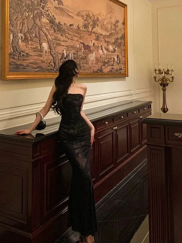 Classy Sheath Strapless Black Floral Prom Dresses Birthday Outfits Evening Gown , LTP3621