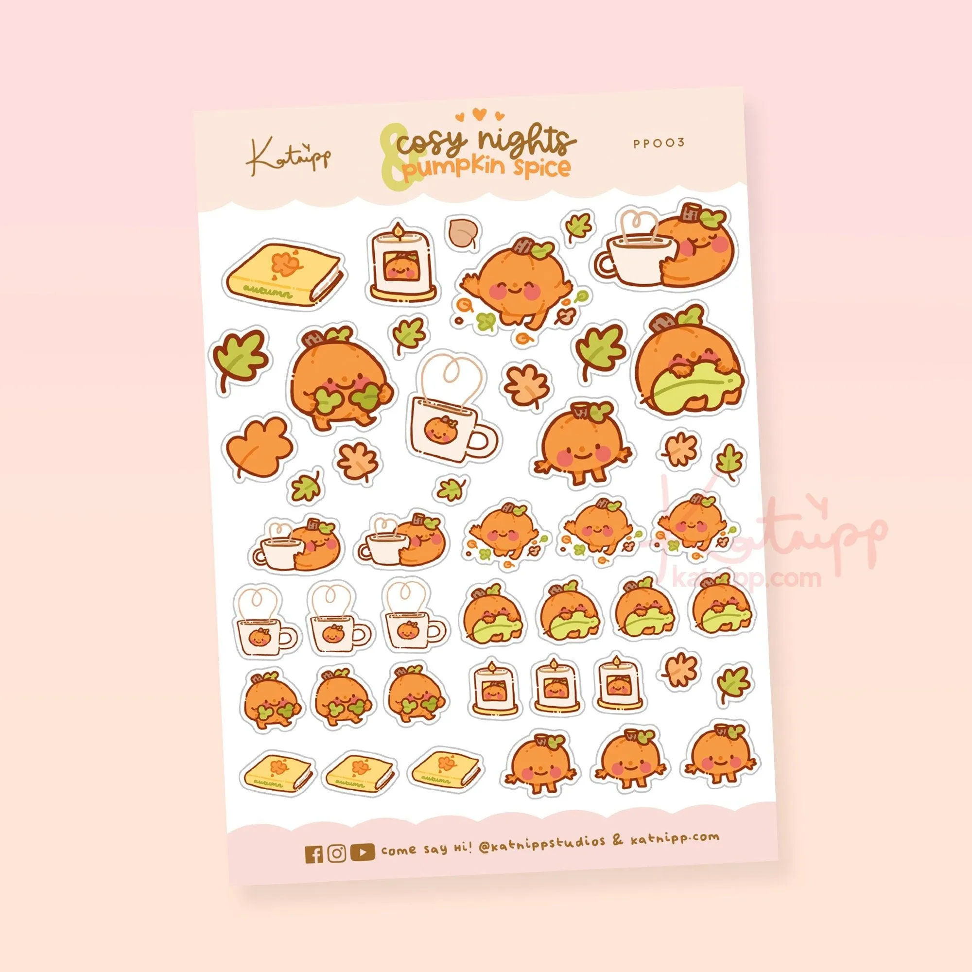 Cosy Nights & Pumpkin Spice Autumn Sticker Sheet | Gourdo Kawaii Fall Stickers | PP003