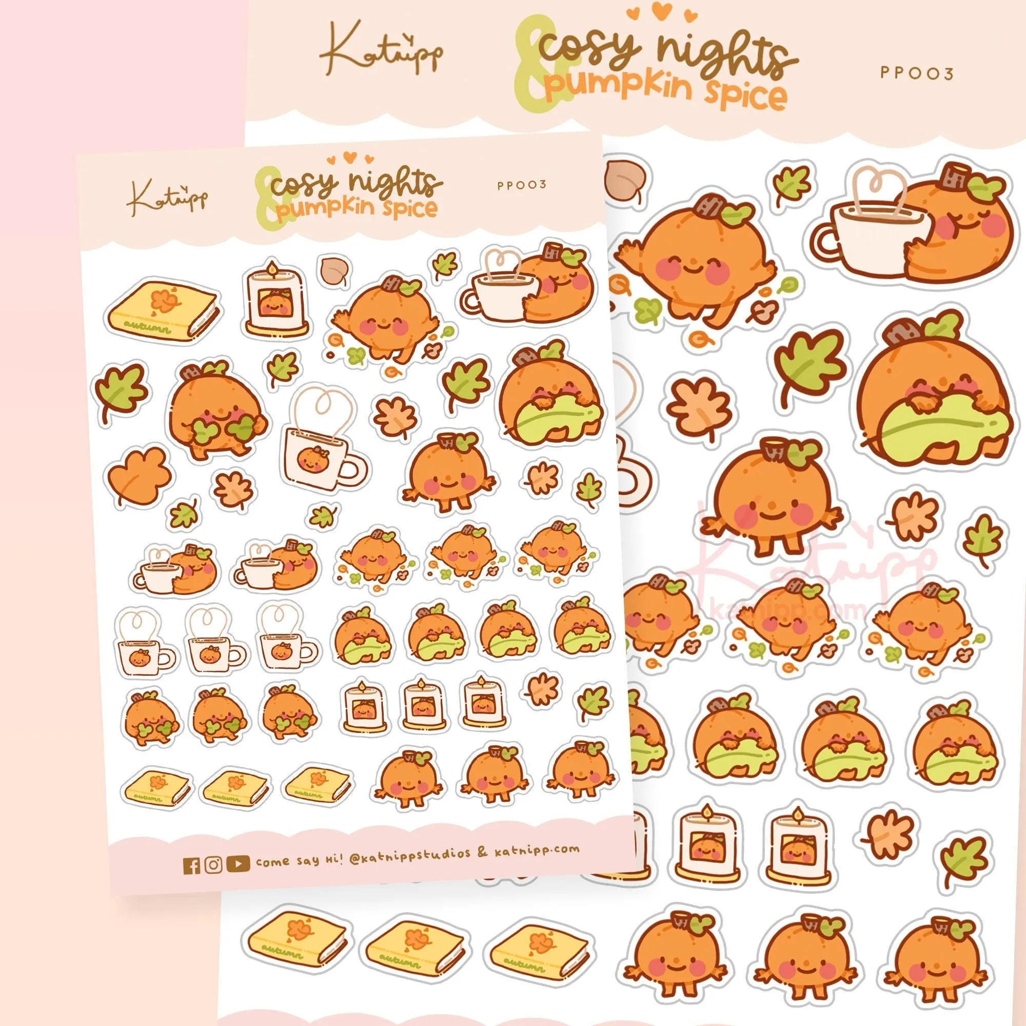 Cosy Nights & Pumpkin Spice Autumn Sticker Sheet | Gourdo Kawaii Fall Stickers | PP003
