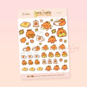 Cosy Nights & Pumpkin Spice Autumn Sticker Sheet | Gourdo Kawaii Fall Stickers | PP003