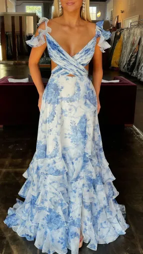 Cross Top Floral Blue White Party Dress, Chiffon Ruffle Evening Gown, LTP3503