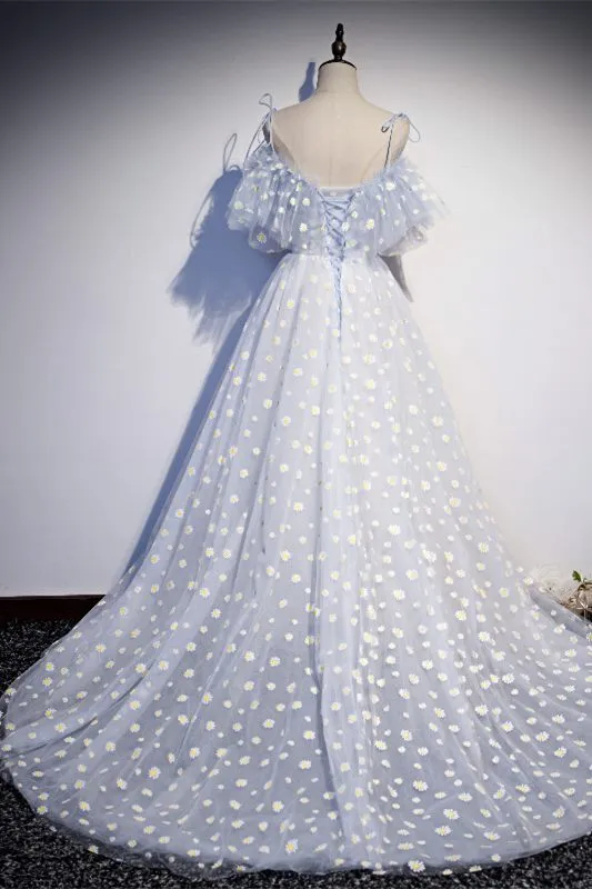 Daisy Floral A-line Long Light Blue Formal Dress