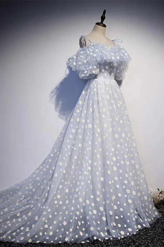 Daisy Floral A-line Long Light Blue Formal Dress
