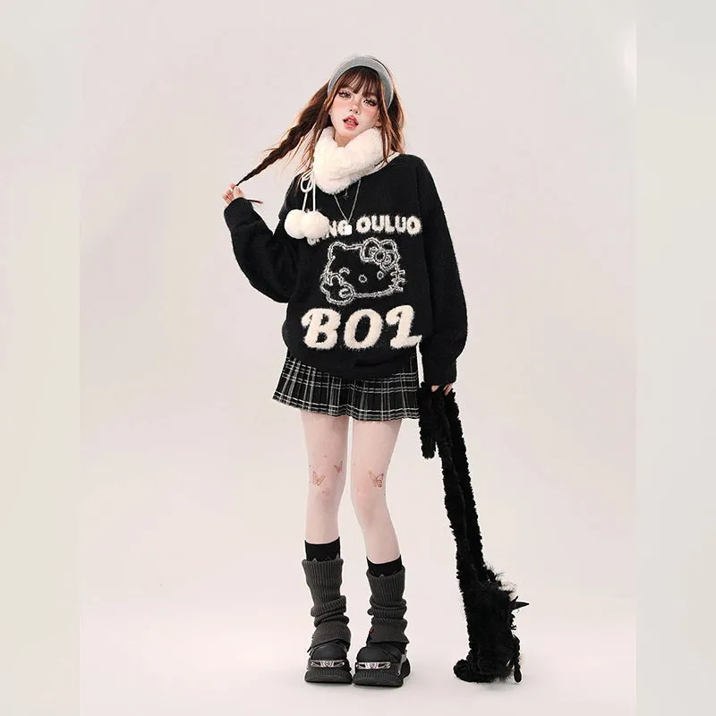Kawaii Sweet Girl Style Pink Hello Kitty Embroidered Sweater