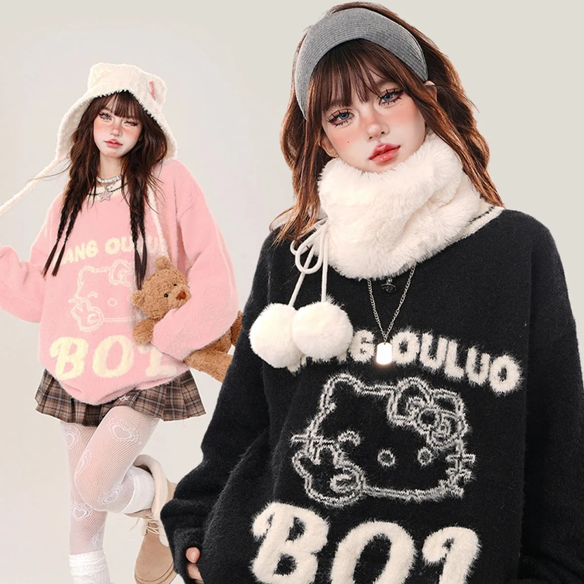 Kawaii Sweet Girl Style Pink Hello Kitty Embroidered Sweater