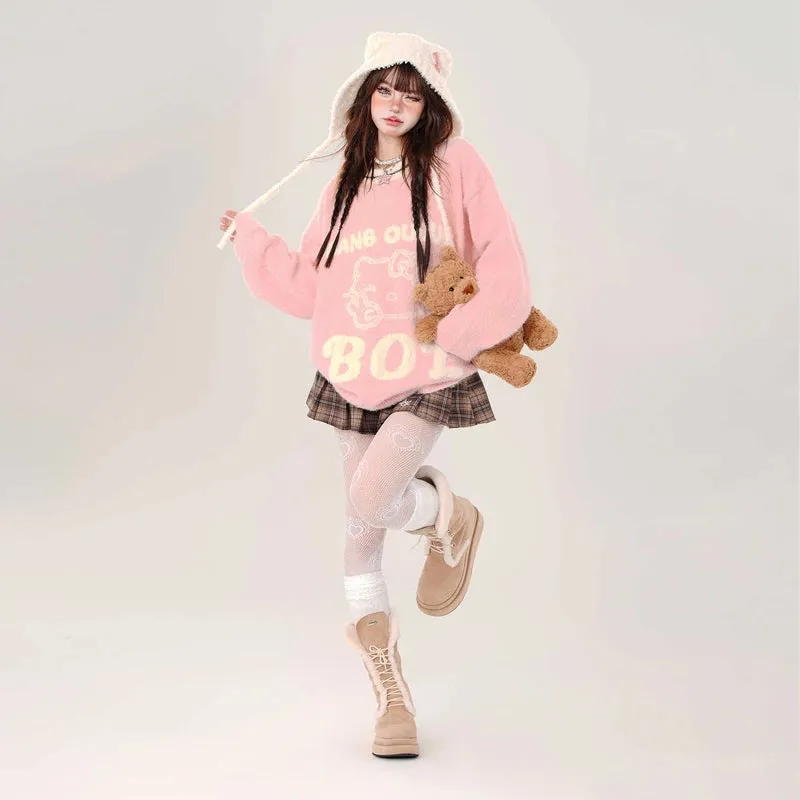 Kawaii Sweet Girl Style Pink Hello Kitty Embroidered Sweater