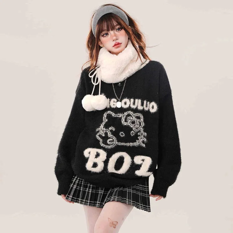Kawaii Sweet Girl Style Pink Hello Kitty Embroidered Sweater