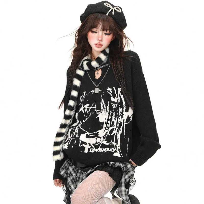 Korean Lazy Style Simulated Line Comic Girl printed Sweater