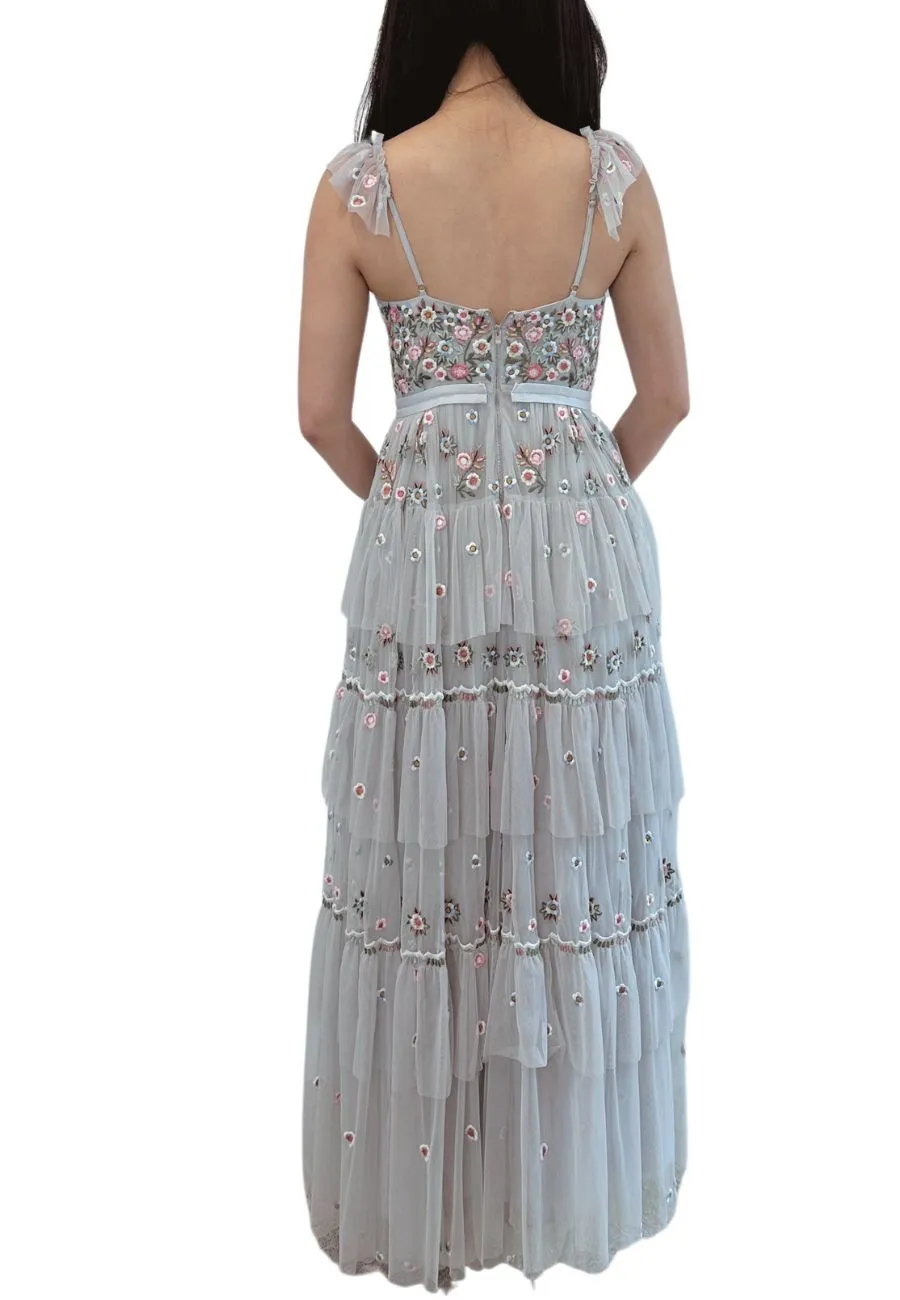 Light Grey Whimsical Ruffled Neckline Floral Embroidered Gown