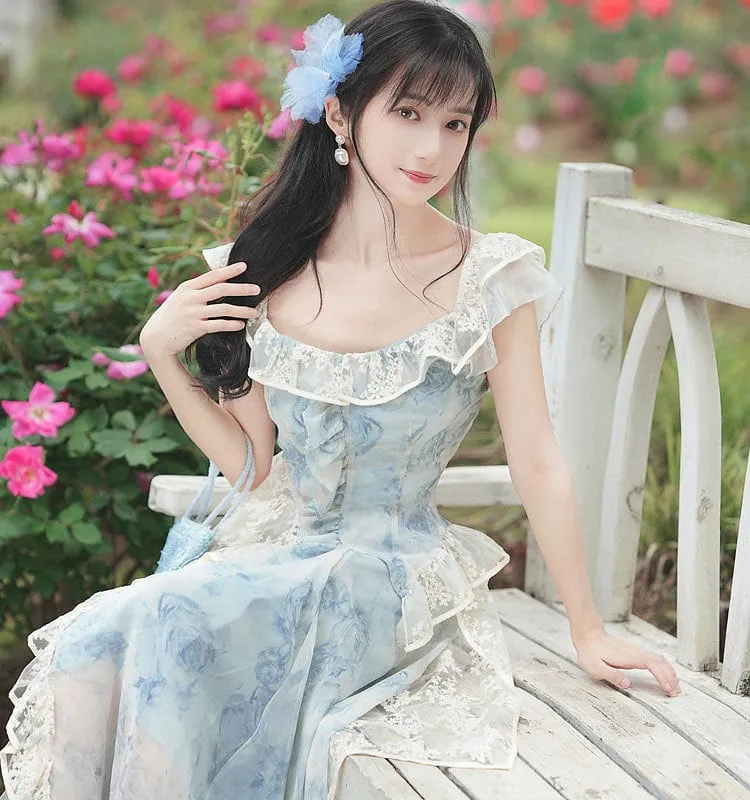 Light Sky Blue Lolita Outfits Lace Floral Print Sleeveless Top Skirt