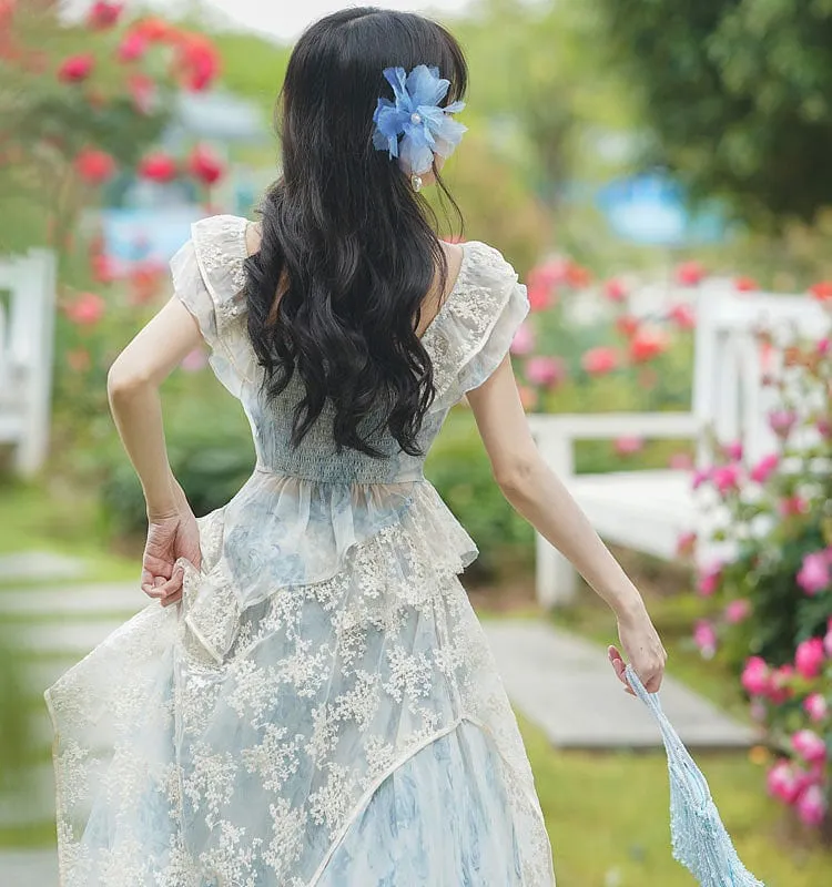 Light Sky Blue Lolita Outfits Lace Floral Print Sleeveless Top Skirt