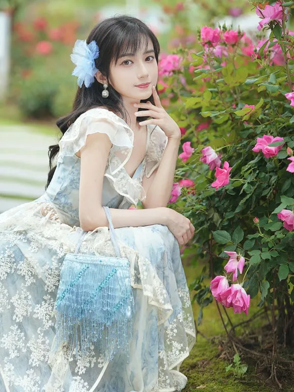 Light Sky Blue Lolita Outfits Lace Floral Print Sleeveless Top Skirt