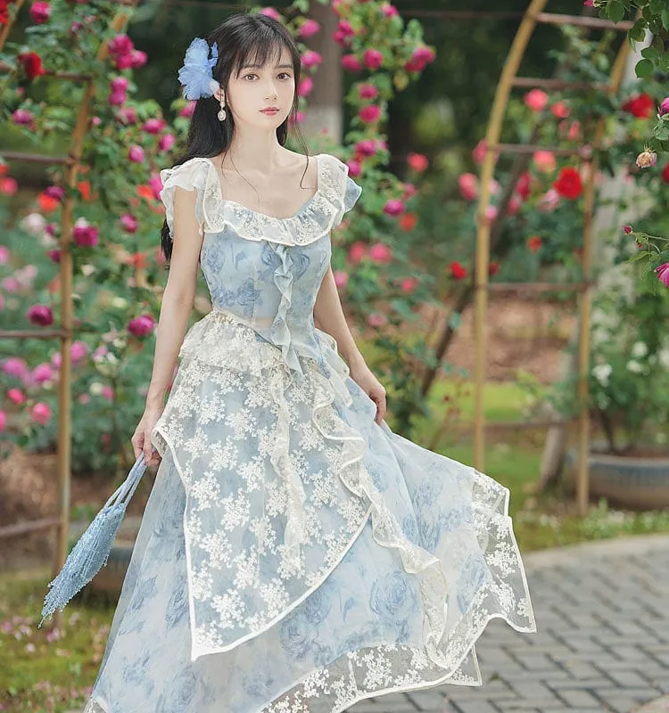 Light Sky Blue Lolita Outfits Lace Floral Print Sleeveless Top Skirt
