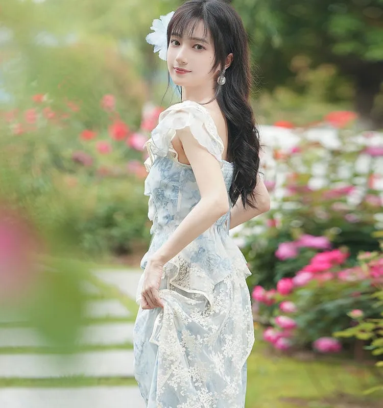 Light Sky Blue Lolita Outfits Lace Floral Print Sleeveless Top Skirt