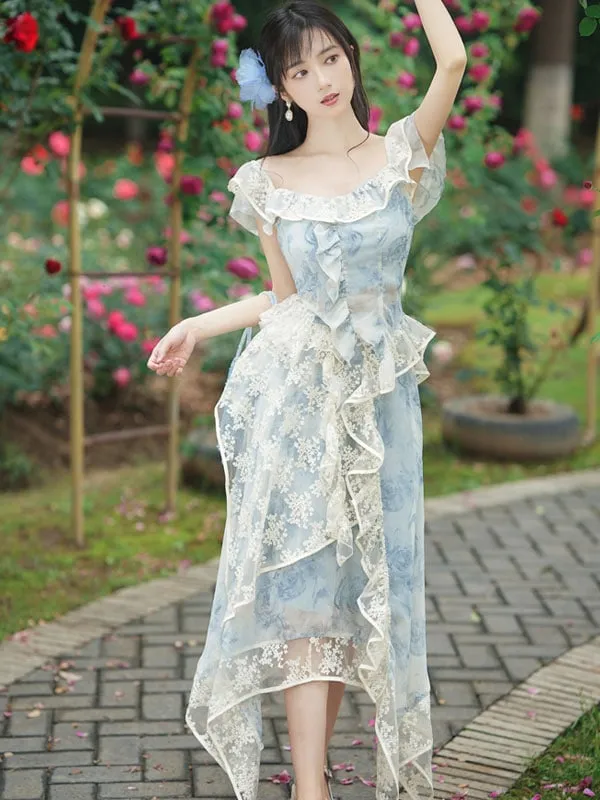 Light Sky Blue Lolita Outfits Lace Floral Print Sleeveless Top Skirt