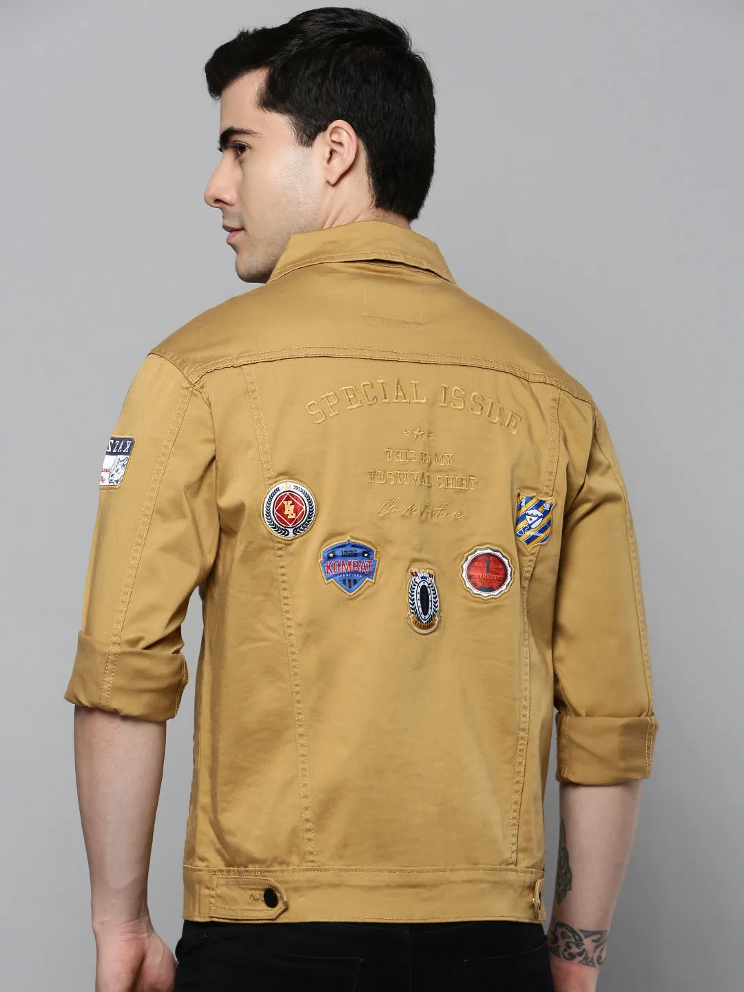Men Beige Solid Casual Jacket