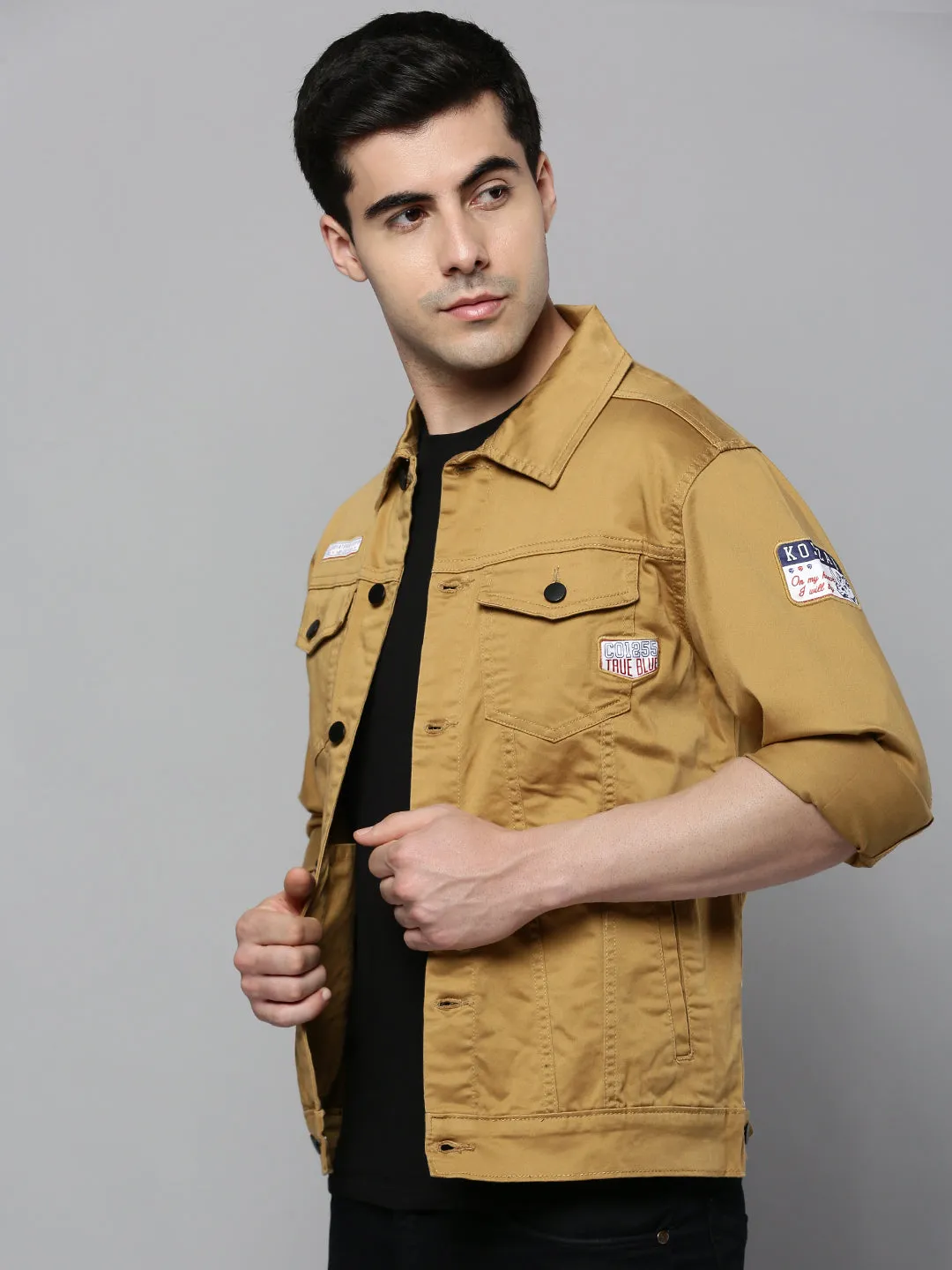 Men Beige Solid Casual Jacket