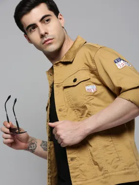Men Beige Solid Casual Jacket
