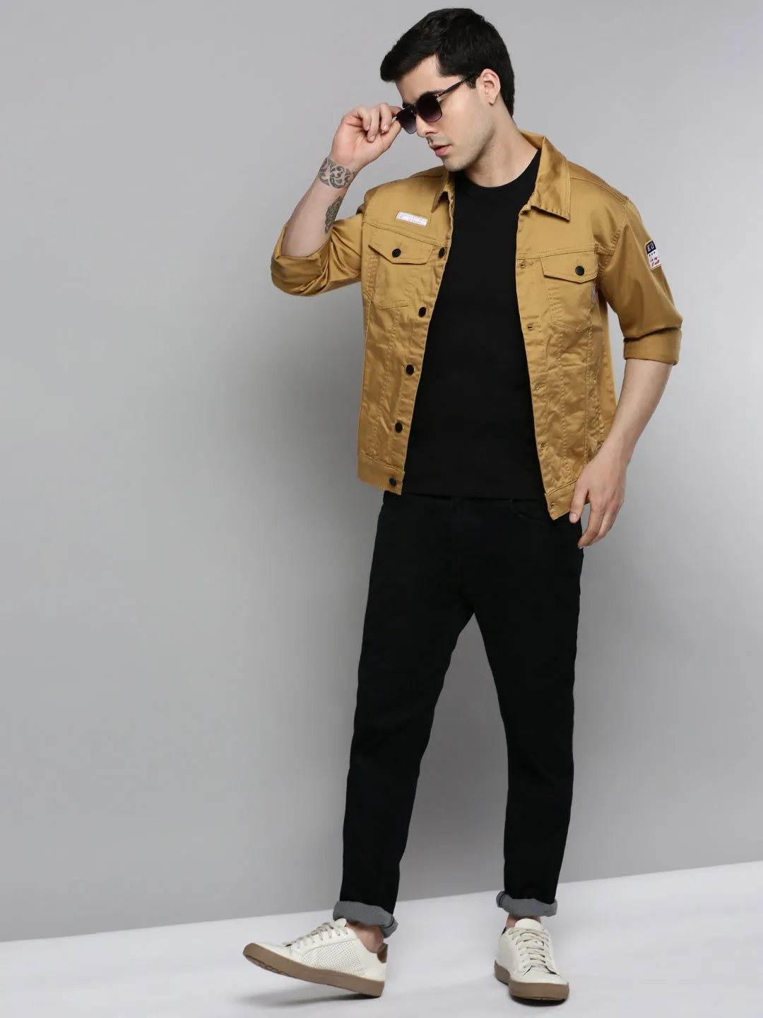 Men Beige Solid Casual Jacket