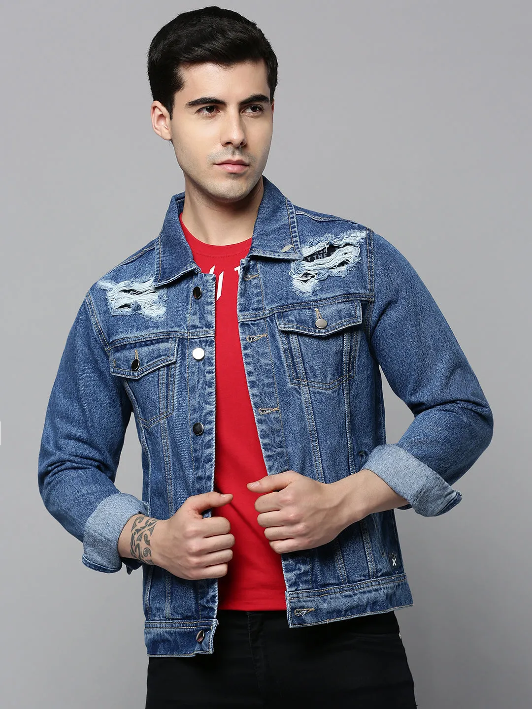 Men Blue Solid Denim Jacket