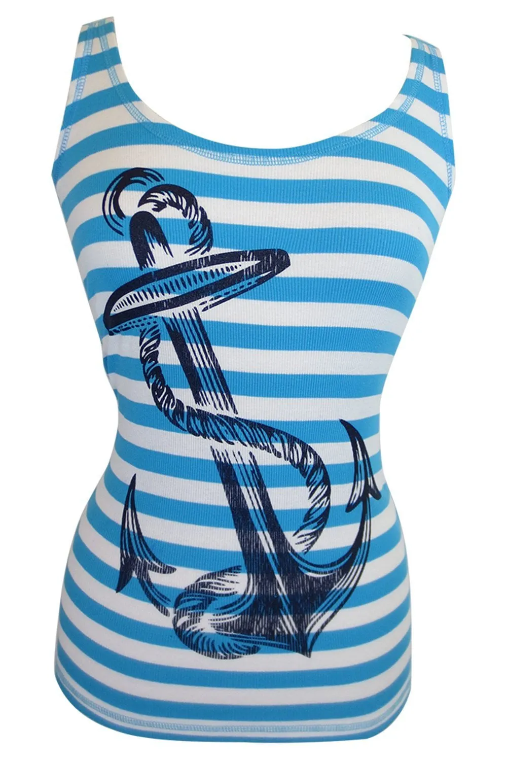 Nautical Pinup Striped Rib Tank Top with Anchor Logo