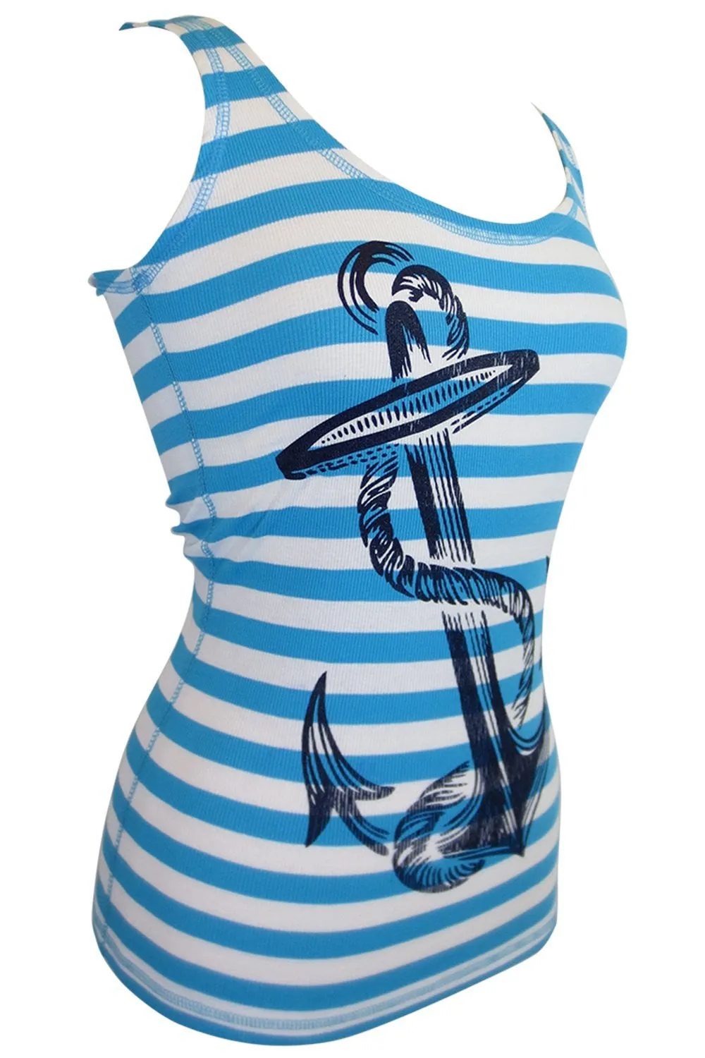Nautical Pinup Striped Rib Tank Top with Anchor Logo