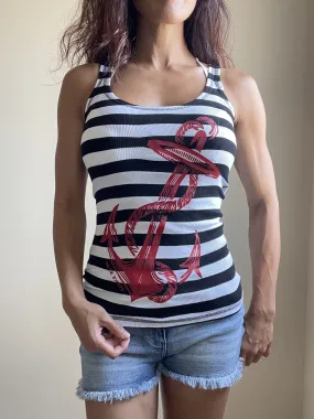 Nautical Pinup Striped Rib Tank Top with Anchor Logo