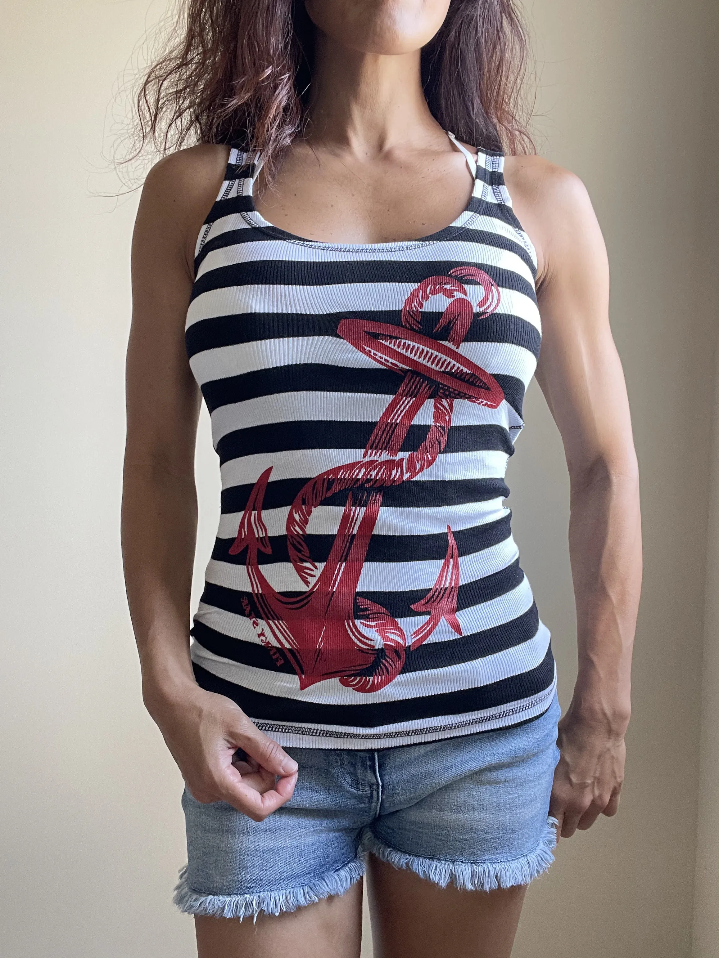 Nautical Pinup Striped Rib Tank Top with Anchor Logo