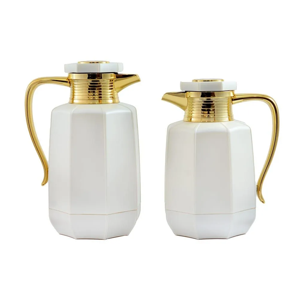 Premium Arabic Coffee Tea Pot Vacuum Flask 2 Pcs Gift Set (1.0L  07L) - White