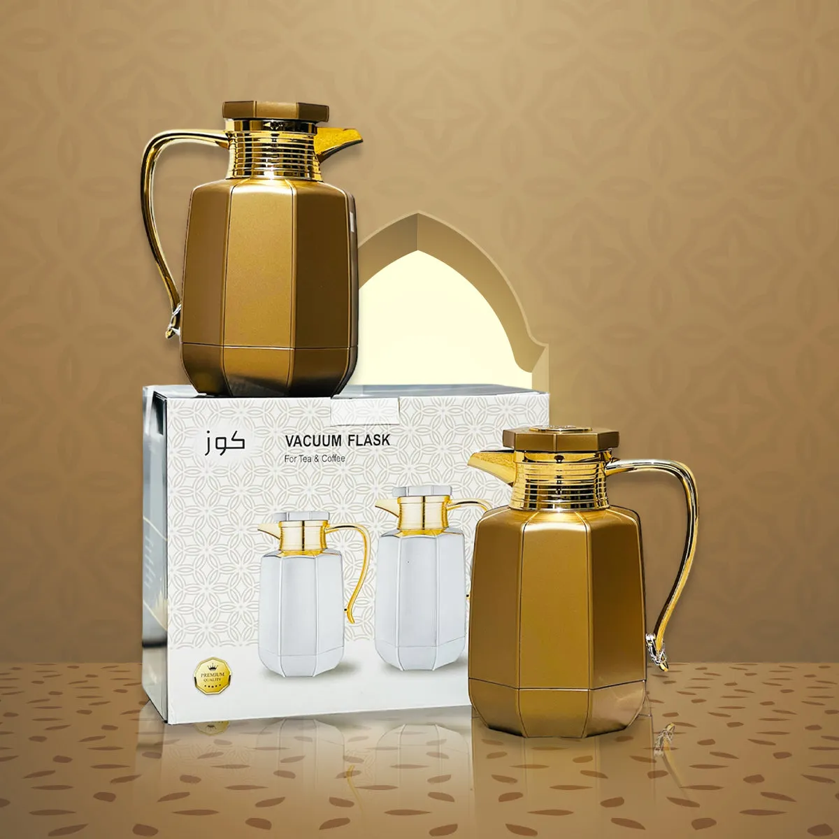 Premium Arabic Coffee Tea Pot Vacuum Flask 2 Pcs Gift Set (1.0L  07L)