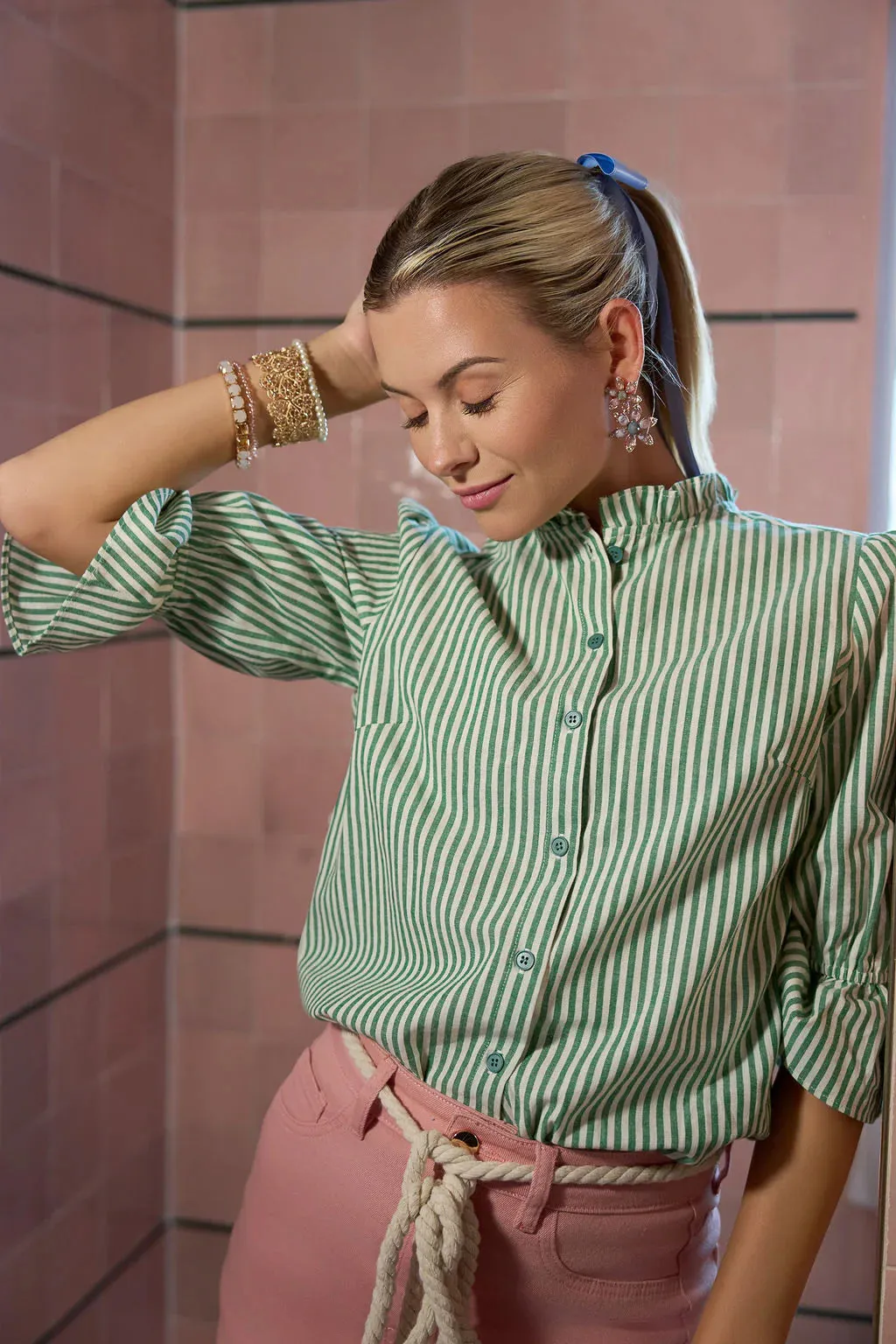 Ruffle Cuff Cotton Top- Green Stripes