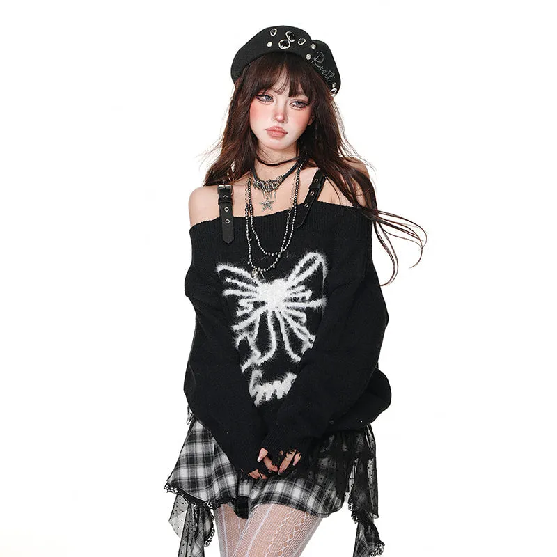 Sweet Girl Style Bow Embroidered Suspender Sweater
