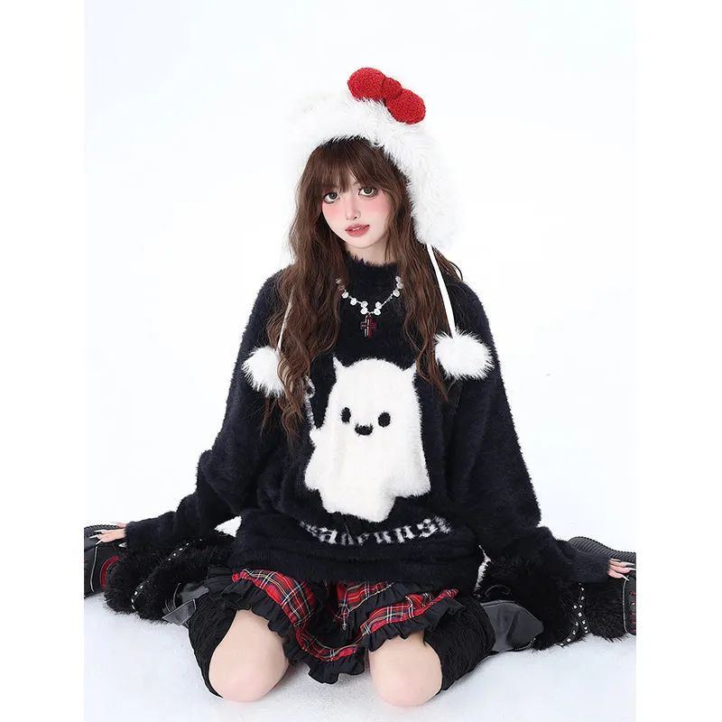Sweet Girly Style Cartoon Ghost Embroidered All-match Sweater