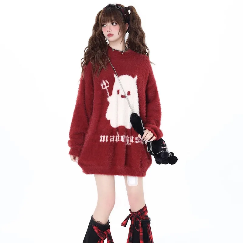 Sweet Girly Style Cartoon Ghost Embroidered All-match Sweater
