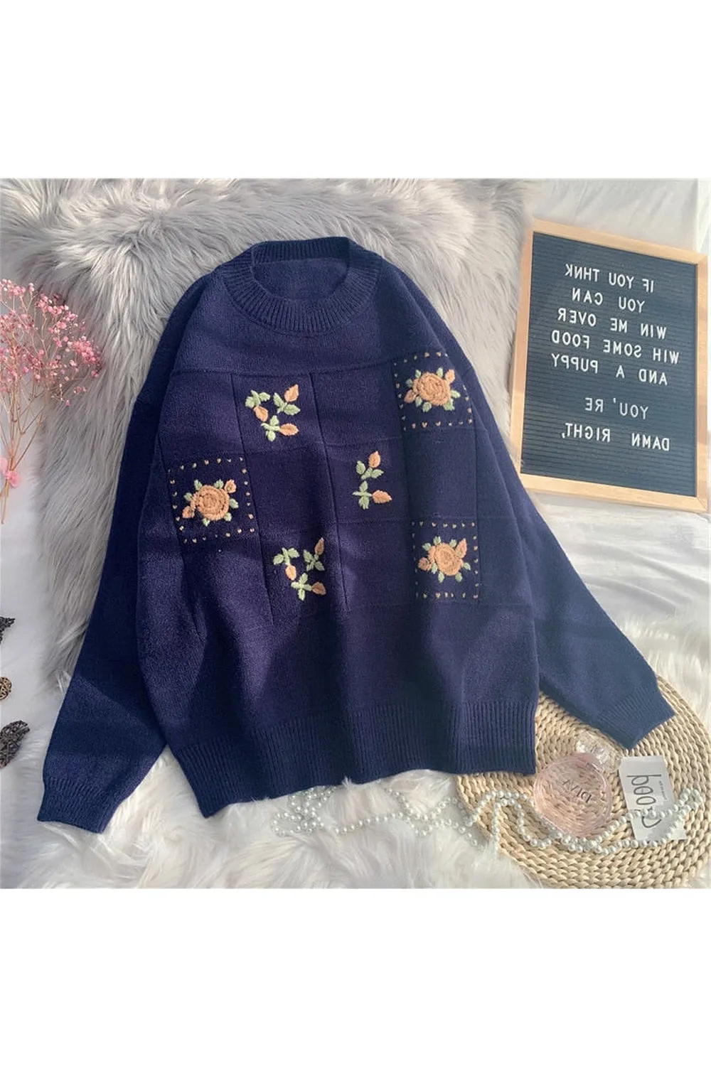 Vintage Floral Embroidery Knitted Fall Sweater