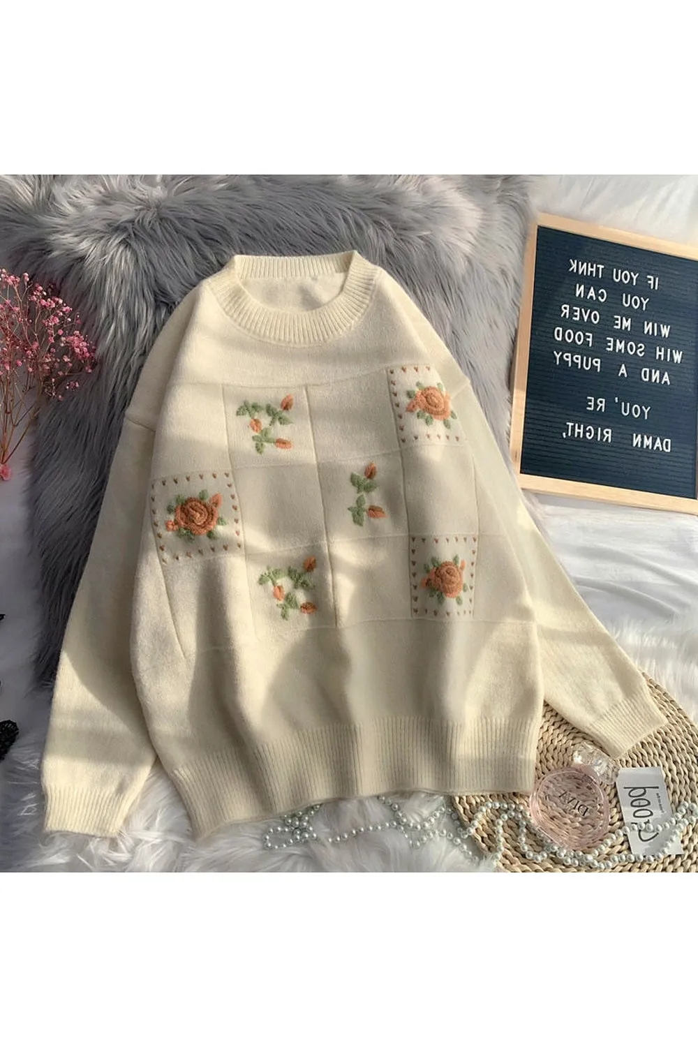 Vintage Floral Embroidery Knitted Fall Sweater