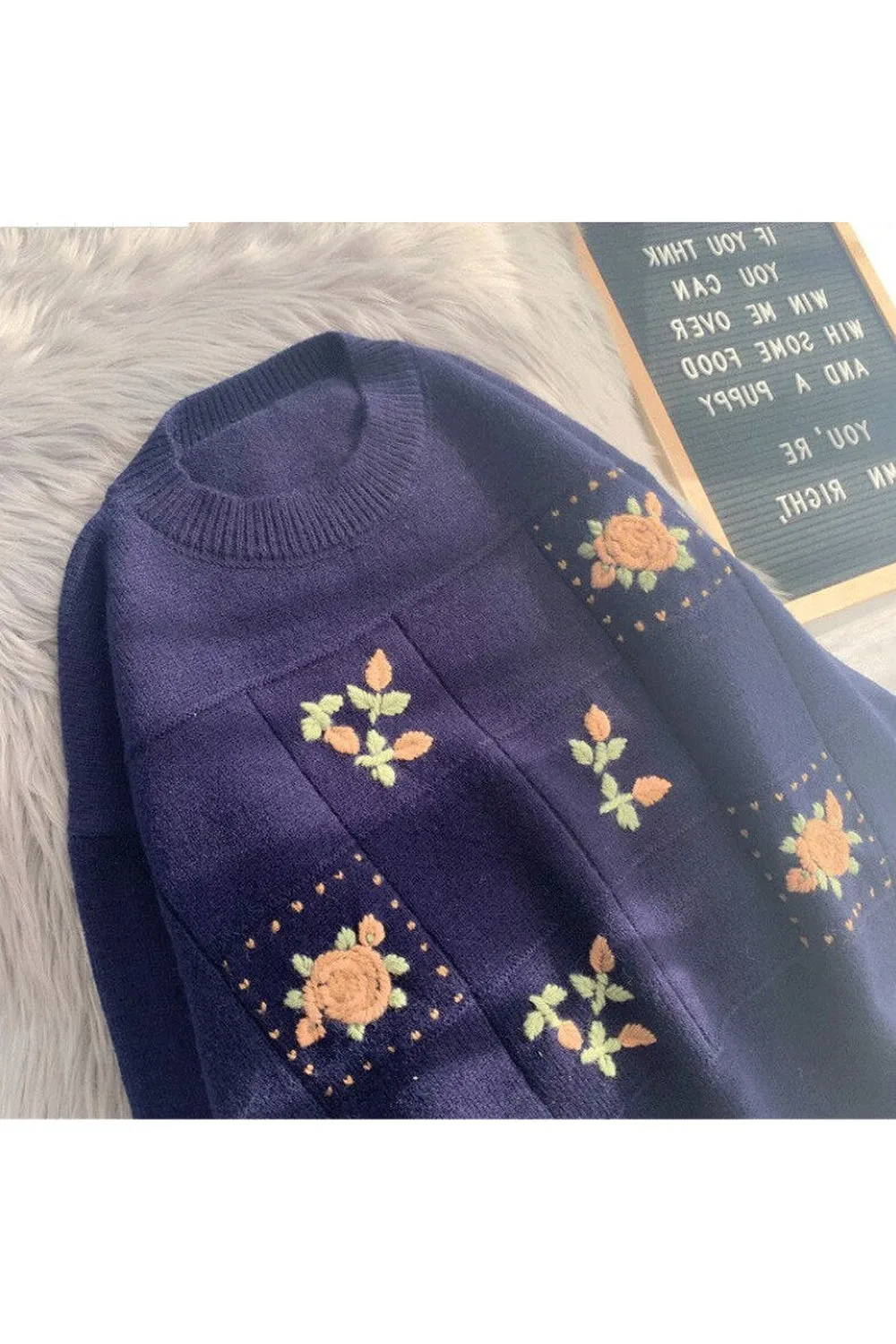 Vintage Floral Embroidery Knitted Fall Sweater