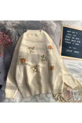 Vintage Floral Embroidery Knitted Fall Sweater