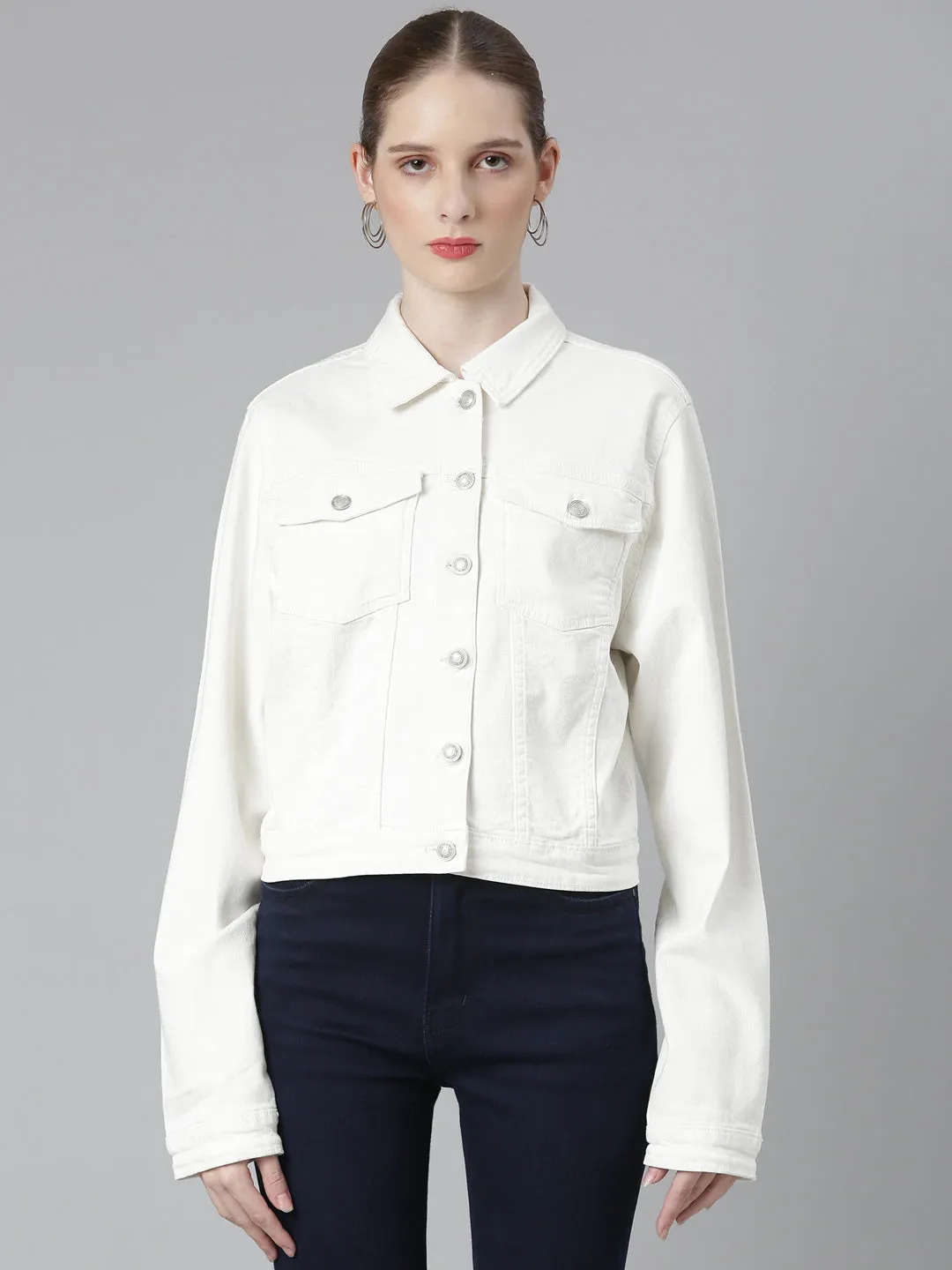 Women White Solid Denim Jacket