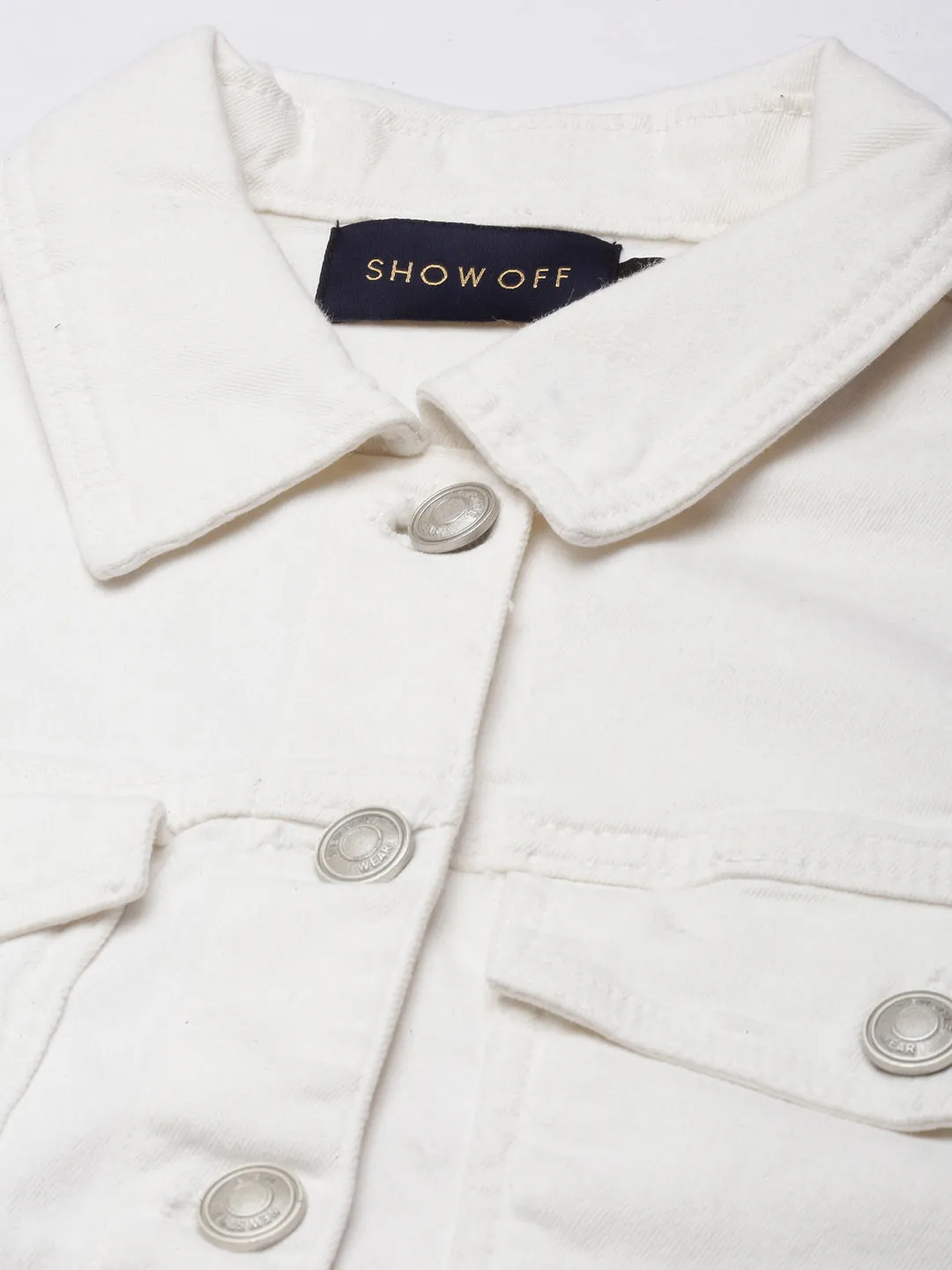 Women White Solid Denim Jacket